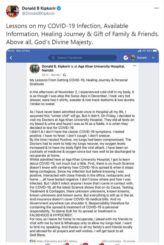 Donald b kipkorir donaldbkipkorir lessons on my covid19 infection available info