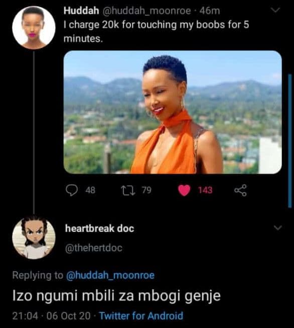 Huddah huddah_moonroe 46m 1 charge 20k for touching my boobs for 5 minutes 48 l