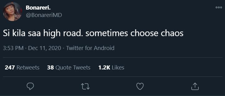 Bonareri. bonarerimd si kila saa high road. sometimes choose chaos 3.53 pm dec 1