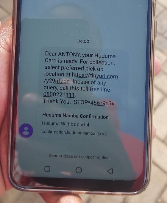 06.00 dear antony your huduma card is ready for collection select preferred pick