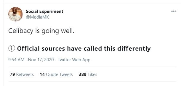 Social experiment mediamk celibacy is going well. official sources have called t