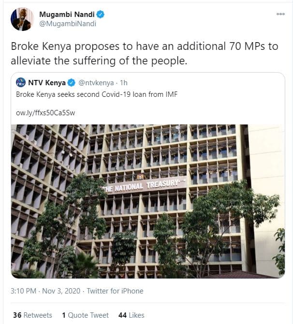 Mugambi nandi mugambinandi broke kenya proposes to have an additional 70 mps to