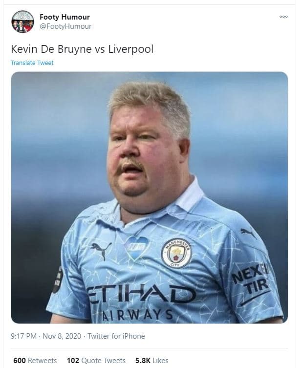 Footy humour footyhumour kevin de bruyne vs liverpool translate tweet etihad hai