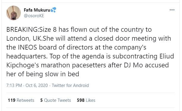 Fafa mukuru osoroke breakingsize 8 has flown out of the country to london uk.she