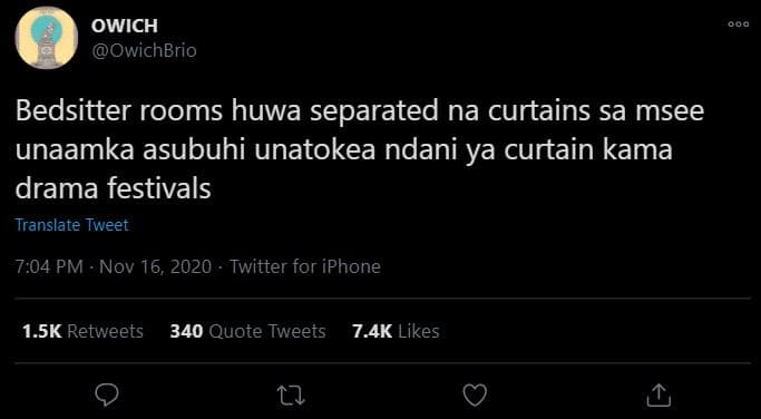 Owich owichbrio bedsitter rooms huwa separated na curtains sa msee unaamka asubu