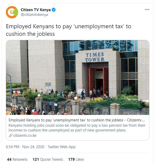 Citizen tv kenya citizentvkenya employed kenyans to pay 'unemployment tax' to cu
