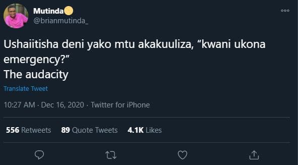 Mutinda brianmutinda _ ushaiitisha deni yako mtu akakuuliza, kwani ukona emergen