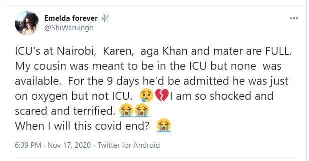 Emelda forever shiwaruinge icu's at nairobi, karen aga khan and mater are full m