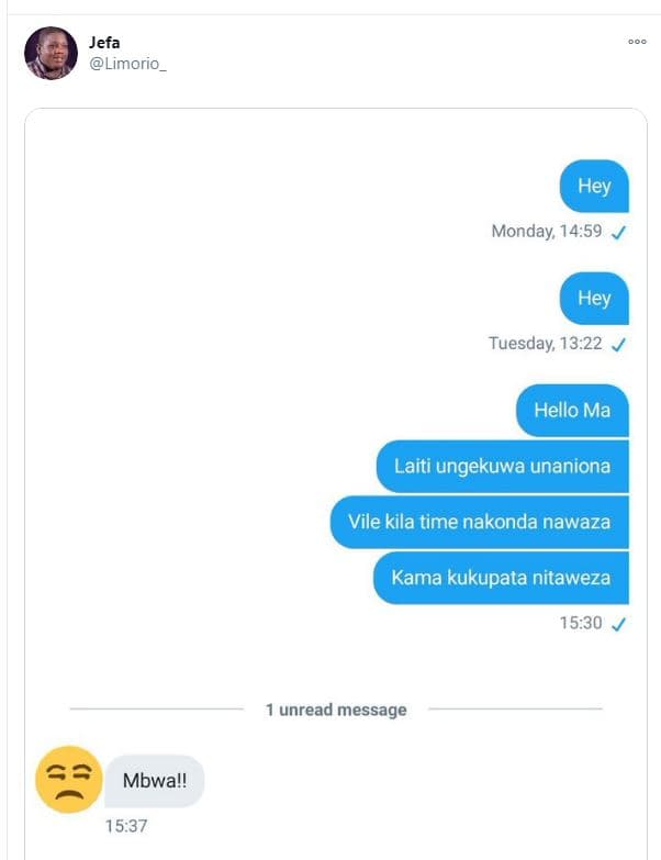 Jefa limorio_ hey monday 14.59 hey tuesday 13.22 hello ma laiti ungekuwa unanion