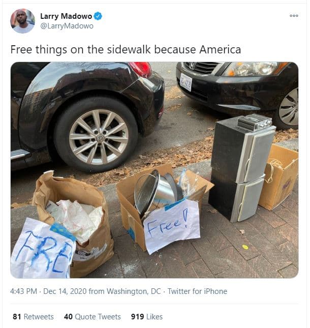 Larry madowo larrymadowo free things on the sidewalk because america free! ifre