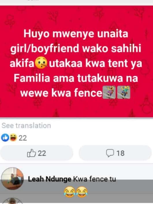 Huyo mwenye unaita girlboyfriend wako sahihi akifa utakaa kwa tent ya familia am