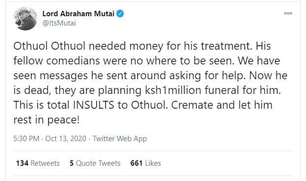 Lord abraham mutai itsmutai othuol othuol needed money for his treatment. his fe
