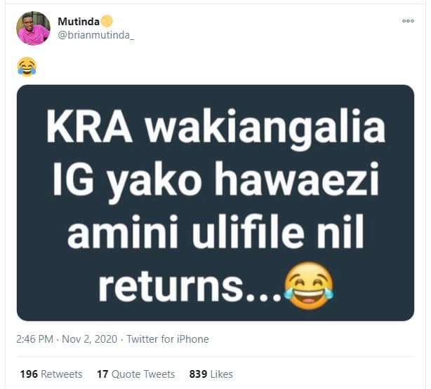 Mutinda brianmutinda kra wakiangalia ig yako hawaezi amini ulifile nil returns..