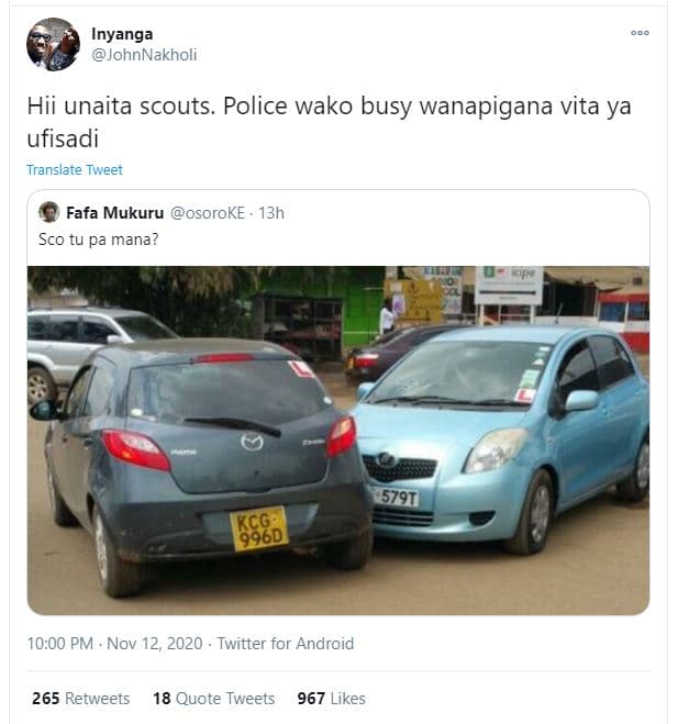 Inyanga johnnakholi hii unaita scouts. police wako busy wanapigana vita ya ufisa