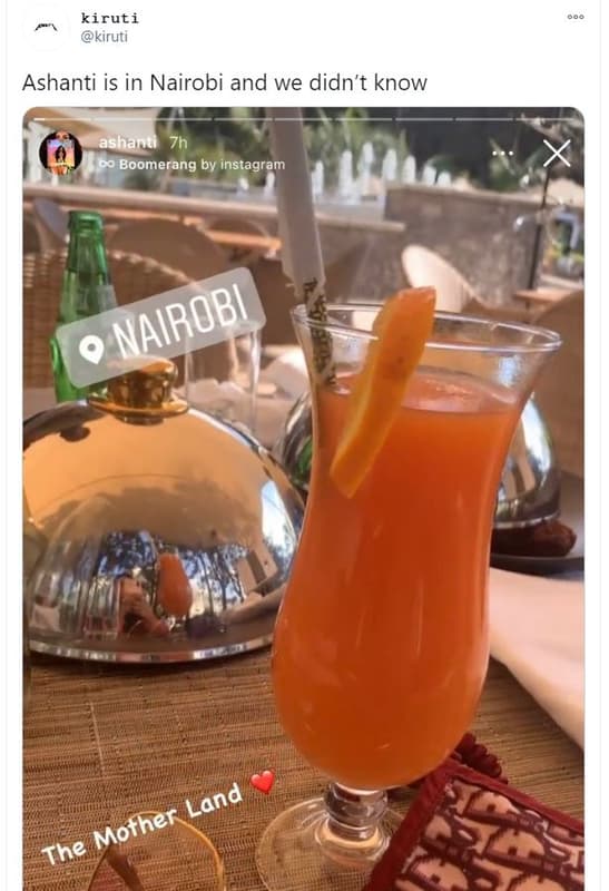 Kiruti kiruti ashanti is in nairobi and we didn't know ashanti 7h 60 boomerang b