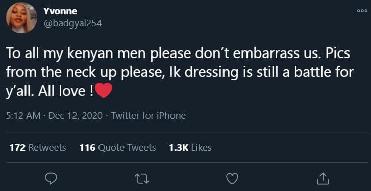 Yvonne badgyal254 to all my kenyan men please don't embarrass us. pics from the