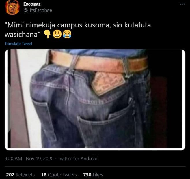 Escobae _itsescobae 'mimi nimekuja campus kusoma sio kutafuta wasichana translat