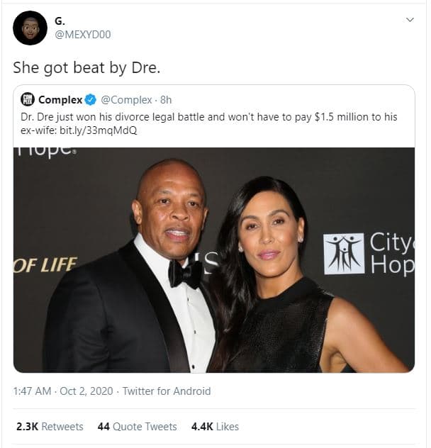 Mexydoo she got beat by dre complex complex dr. dre just won his divorce legal b