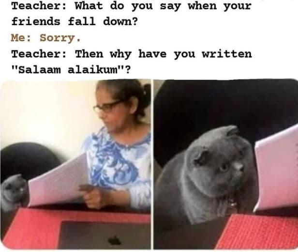 Teacher what do you say when your friends fall down? me sorry teacher ihen why h