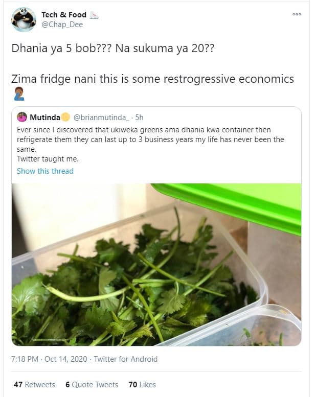 Tech food chap_dee dhania ya 5 bob??? na sukuma ya 20?? zima fridge nani this is