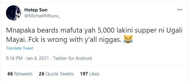 Hotep son michaelmburu_ mnapaka beards mafuta yah 5,000 lakini supper ni ugali m