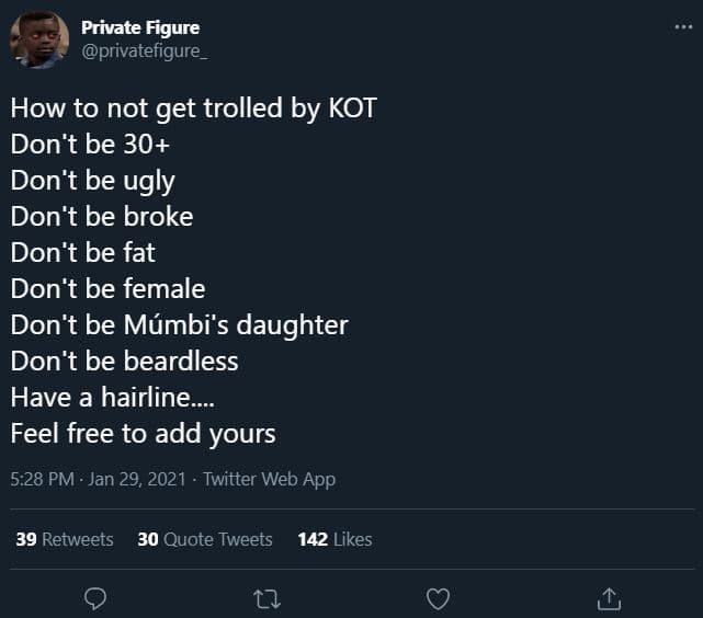 Private figure privatefigure_ how to not get trolled by kot don't be 30 don't be