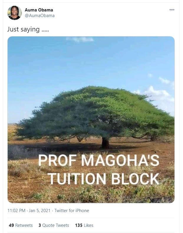 Auma obama aumaobama just saying prof magohas tuition block 11.02 pm jan 5, twit