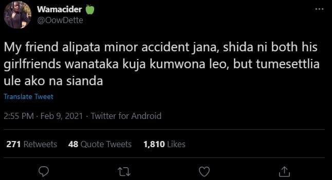 Wamacider oowdette my friend alipata minor accident jana, shida ni both his girl