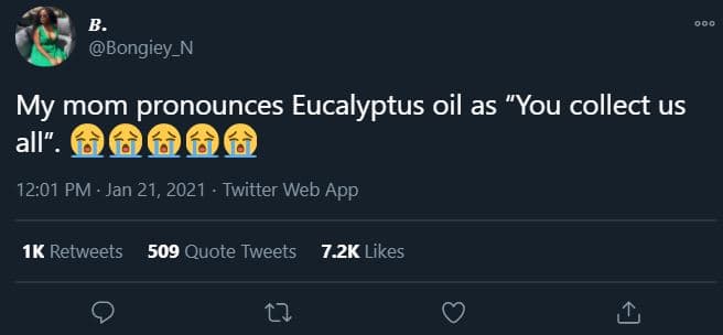 Bongiey_n my mom pronounces eucalyptus oil as you collect us all_ 12.01 pm jan 2