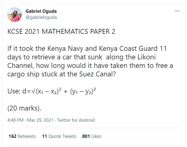 Gabriel oguda gabrieloguda kcse mathematics paper 2 if it took the kenya navy an