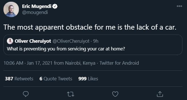 Eric mugendi mougendi the most apparent obstacle for me is the lack of a car. ol