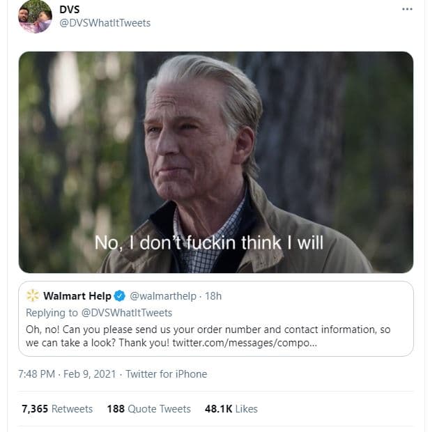 Dvs dvswhatlttweets no, don t fuckin think will walmart help walmarthelp 18h rep