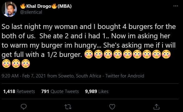 Khal drogo mba silentical so last night my woman and bought 4 burgers for the bo