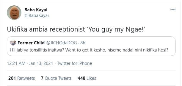 Baba kayai babakayai ukifika ambia receptionist 'you guy my ngael former child j