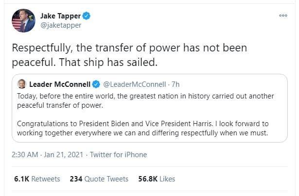 Jake tapper jaketapper respectfully the transfer of power has not been peaceful.