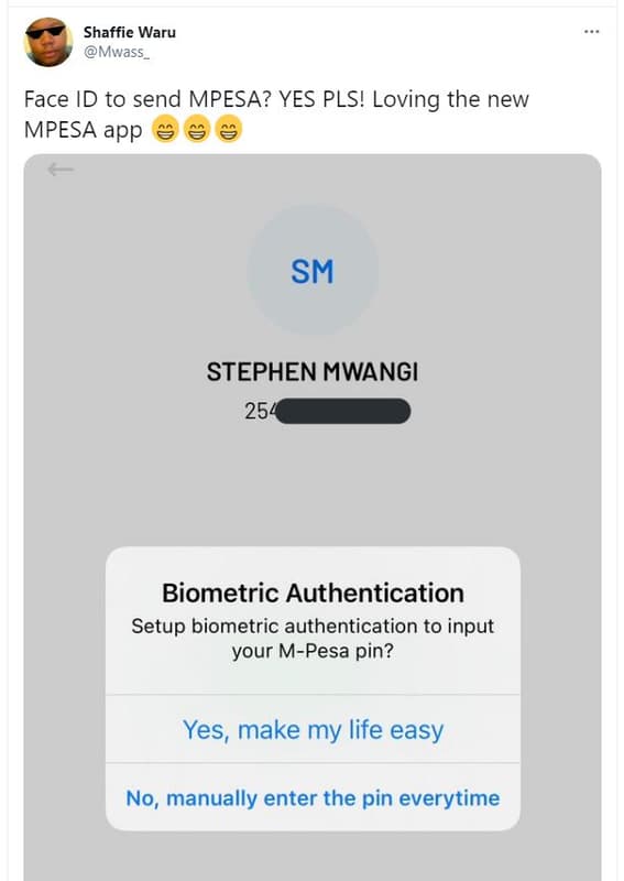 Shaffie waru mwass face id to send mpesa? yes pls! loving the new mpesa app sm s