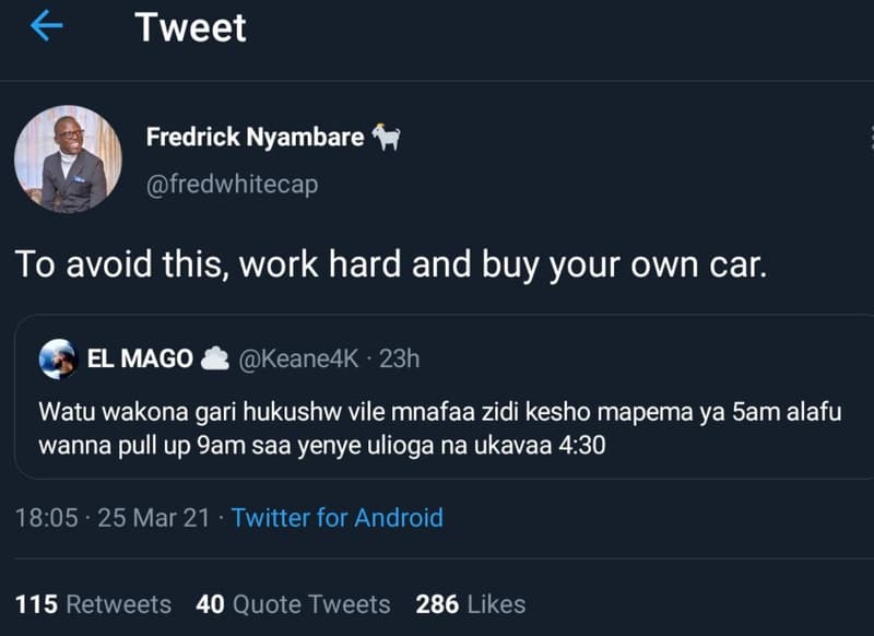 Tweet fredrick nyambare fredwhitecap to avoid this, work hard and buy your own c