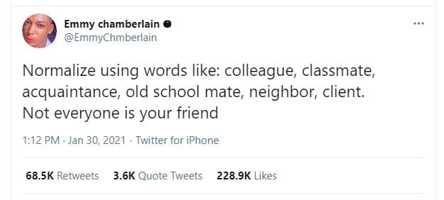 Emmy chamberlain emmychmberlain normalize using words like colleague classmate a