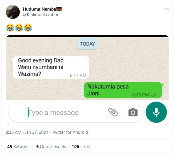 Huduma namba kiplimohkemboi today good evening dad watu nyumbani ni wazima? 6.17