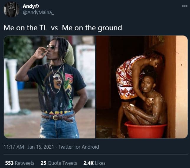 Andy andymaina me on the tl vs me on the ground 11.17 am jan 15, twitter for and