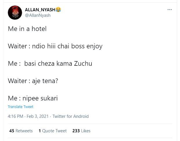 Allan_nyash allannyash me in a hotel waiter ndio hiii chai boss enjoy me basi ch