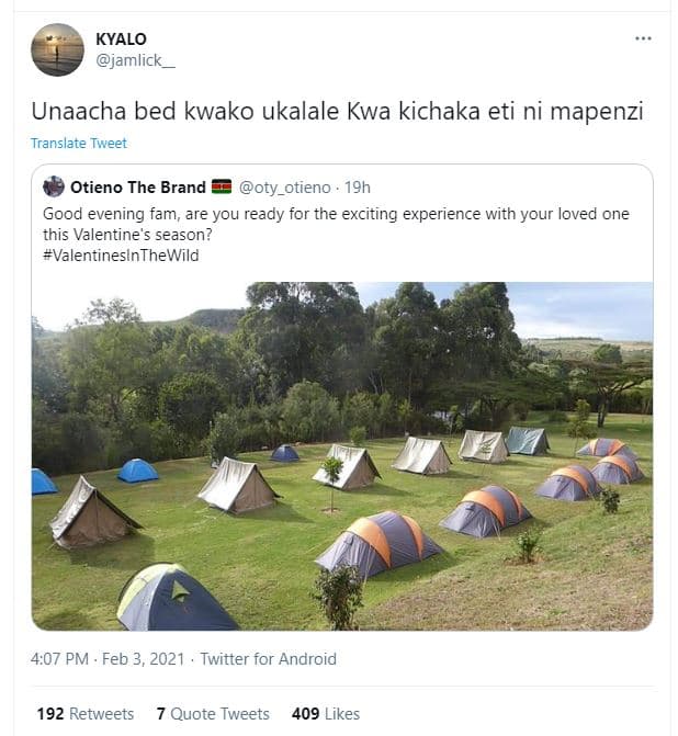 Kyalo jamlick unaacha bed kwako ukalale kwa kichaka eti ni mapenzi translate twe