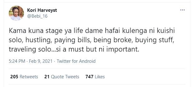 Kori harveyst bebi_16 kama kuna stage ya life dame hafai kulenga ni kuishi solo