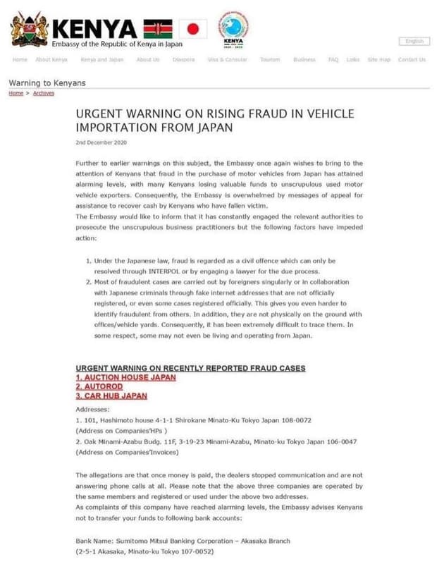 Kenya embassy ol the republic oł kenya in japan abcl kenya vin contul warning to