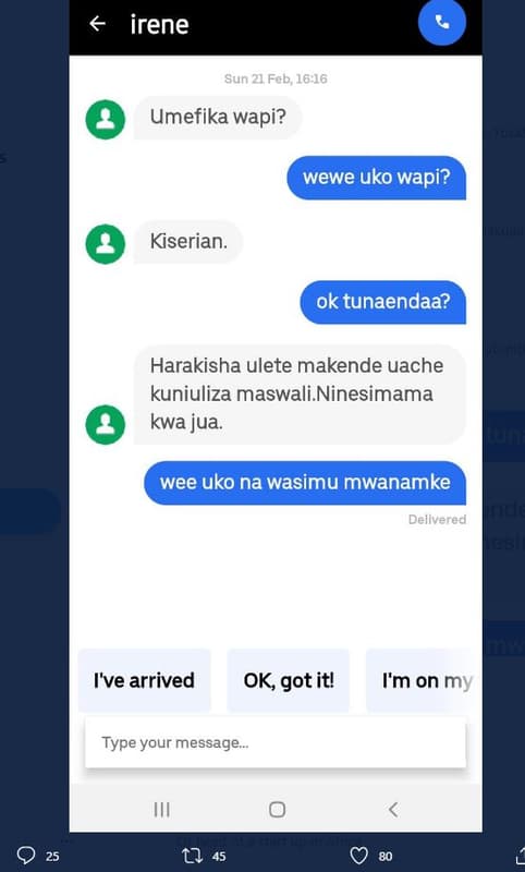 Irene sun 21 feb 1616 umefika wapi? wewe uko wapi? kiserian. ok tunaendaa? harak