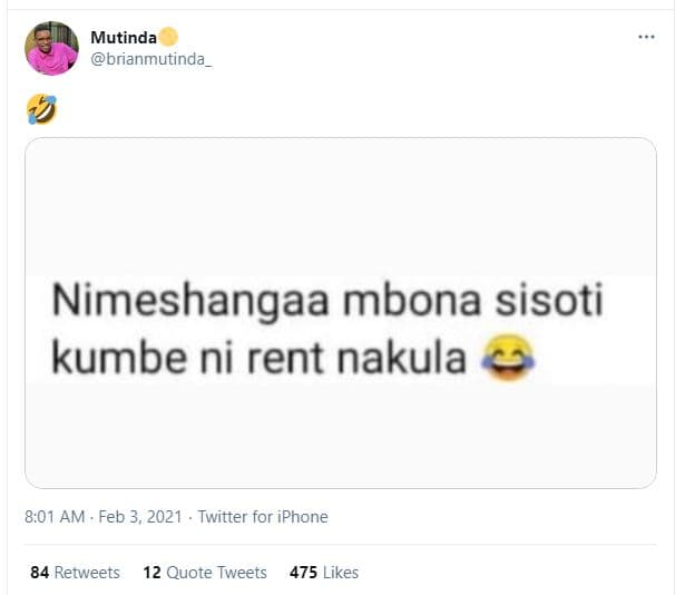 Mutinda brianmutinda nimeshangaa mbona sisoti kumbe ni rent nakula 8,01 am . feb