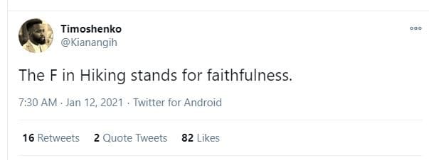 Timoshenko kianangih the f in hiking stands for faithfulness 7.30 am . jan 12, t