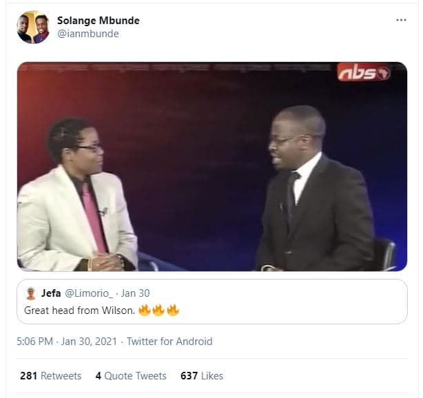 Solange mbunde ianmbunde obs jefa limorio jan 30 great head from wilson 5.06 pm