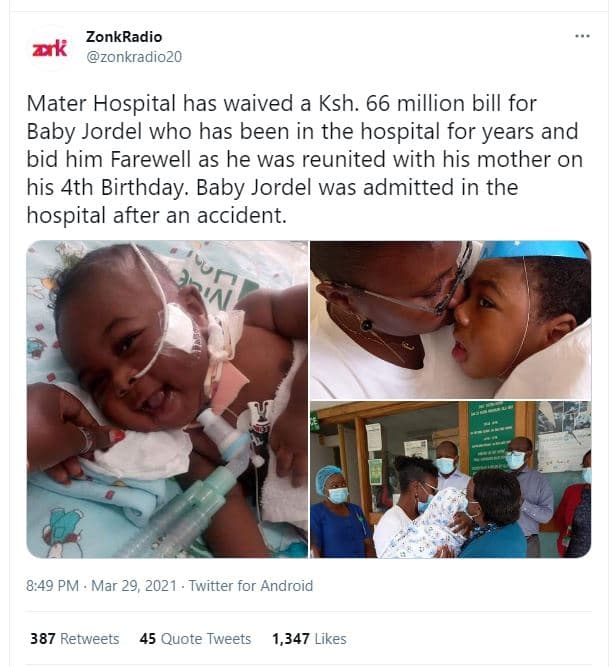 Zonkradio zk zonkradiozo mater hospital has waived a ksh. 66 million bill for ba