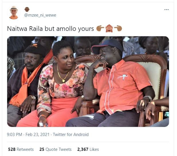 Mzee_ni_wewe naitwa raila but amollo yours 9,03 pm feb 23, twitter for android 5